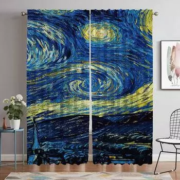 Кухонные шторы для гостиной Шторы для комнаты 2 панели Ван Гог Шторы для домашнего интерьера Украшения на Хэллоуин Раздел W50xH70cmx2pcs-CL