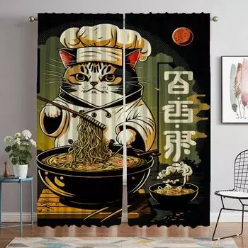 Кухонные шторы для камеры Суши Кот Домашний интерьер Шторы для гостиной Украшения на Хэллоуин Затемняющие шторы Раздел W50xH70cmx2pcs-CL