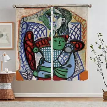 Кухонные шторы Пикассо, 2 шт., оконные шторы для гостиной, подхваты для штор из бисера, щупальца, завитки, тюль для кухни, шторы W50xH70cmx2pcs-CL