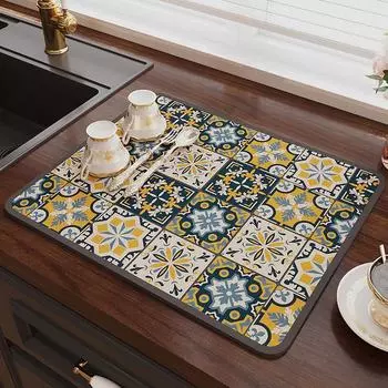 Кухонные сушилки для посуды Дренажный коврик Впитывающие салфетки в стиле ретро Сушилка для посуды Коврики для посуды Аксессуары 30X40cm синий