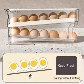 Кухонный держатель для яиц Компактный автоматический диспенсер для яиц для хранения 12 яиц Двухслойный органайзер для яиц с защитой от падения для холодильника белый