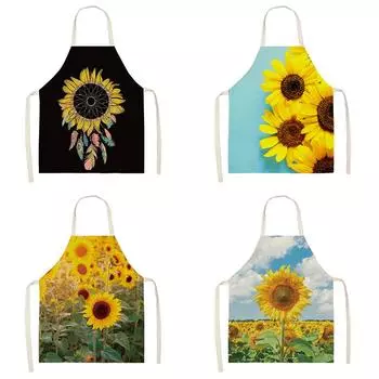 Кухонный фартук для выпечки и приготовления пищи с узором подсолнуха, художественный зеленый фартук для уборки, домашний тканевый льняной фартук, забавный фартук, инструменты для чистки 47X38CM