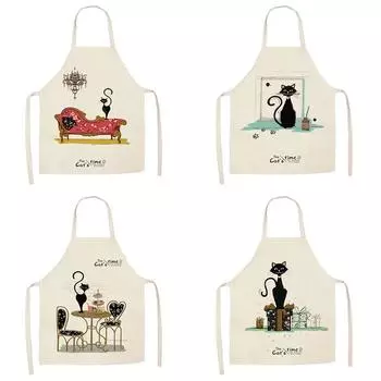 Кухонный фартук, фартук с рисунком кота, льняной нагрудник для взрослых и детей, фартук для уборки дома, аксессуары для домашней выпечки, фартук 47X38CM