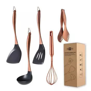 Кухонный инструмент 5 предметов Силиконовая утварь Нержавеющая сталь Для жизни Силиконовые щипцы Набор, Набор, Ручка, Отдельно, Тернер, Тернер, Головастик, Венчик, (Роза розового золота