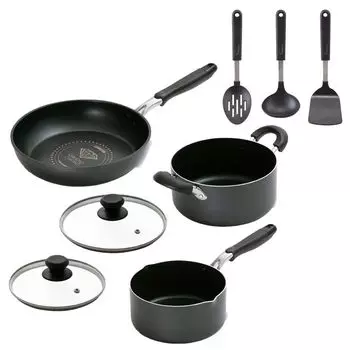 кухонный инструмент Сковорода Iris Ohyama со стеклянным алмазным покрытием для жизни на 2 человека, черная [включает набор из 3 предметов] сковорода, кастрюля, набор, 5 предметов, для одной руки чёрный