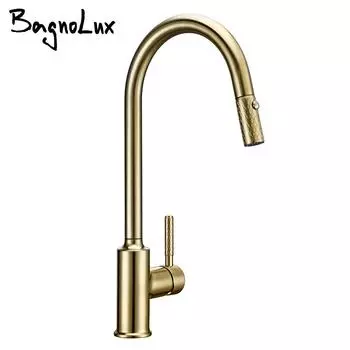 Кухонный кран Bagnolux из матовой золотой латуни, НОВЫЙ премиум-смеситель для кухни с выдвижным краном и гибким воротком, смеситель для мойки, конструкция из цельной латуни золотой