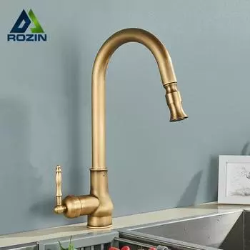 Кухонный кран Rozin Antique Brass с выдвижным изливом, черный, одно отверстие, поворотный, для горячей и холодной воды, кухонный кран