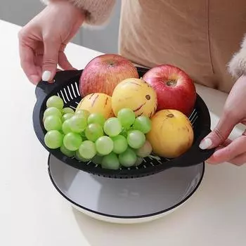 Кухонный круглый сливной поддон с двумя ручками, пищевая многофункциональная многофункциональная дренажная пластина большой емкости для овощей и фруктов, сетчатый фильтр, корзина-дуршлаг Small чёрный