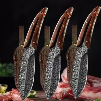 Кухонный нож для разделки мяса, нож с рисунком пера, с ножнами, портативные ножи для фруктов из нержавеющей стали с деревянной ручкой knife