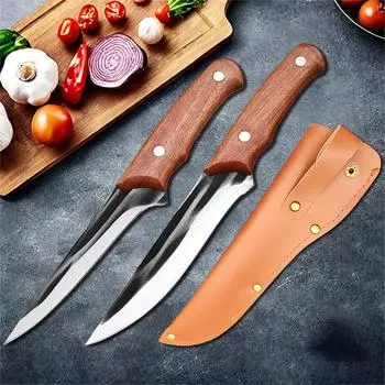Кухонный нож для разделки мяса с деревянной ручкой, мясницкий нож с полным хвостовиком, поварской филетировочный инструмент для барбекю, рыбалки