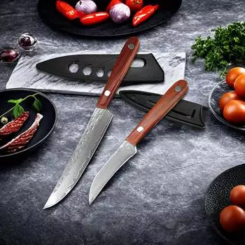 Кухонный нож из дамасской стали, кованый поварской нож, нож для барбекю, стейка, мяса, фруктов, овощей, режущий инструмент для рыбалки с ножнами