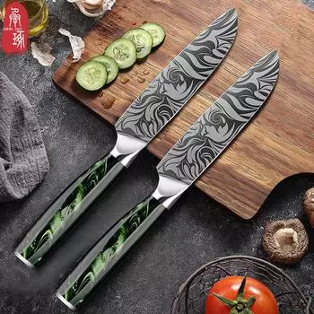 Кухонный нож из нержавеющей стали, дамасский 5-дюймовый японский нож для нарезки костей, фруктовый нож, зеленый, нежный, прочный, бытовой, многоцелевой нож 1pcs зелёный