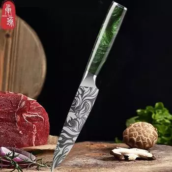 Кухонный нож из нержавеющей стали, дамасский 5-дюймовый нож для обвалки, нож для нарезки фруктов, зеленый нежный прочный бытовой многоцелевой нож 1pcs зелёный
