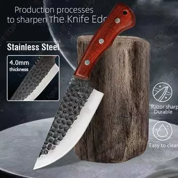 Кухонный нож из нержавеющей стали, многоцелевой, выкованный вручную, мясницкий нож, разделочный нож, нож для барбекю с мини-ножом в подарок