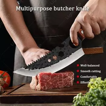 Кухонный нож из нержавеющей стали, многофункциональный поварской нож, топор для разделки рыбы, нож для обвалки из нержавеющей стали с деревянной ручкой