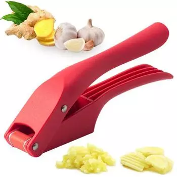 Кухонный пресс для чеснока 2-в-1 с эргономичной пластиковой ручкой. Легко сжимаемый нож для резки и перемешивания чеснока. Бытовой блендер для чеснока из нержавеющей стали. красный