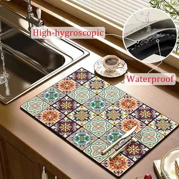 Кухонный сливной коврик для посуды, быстросохнущий коврик, коврик для посуды с принтом, посуда, чашка, коврик для бутылок, нескользящий, легко чистящийся, диатомовая грязь, ванная комната 30x40 cm