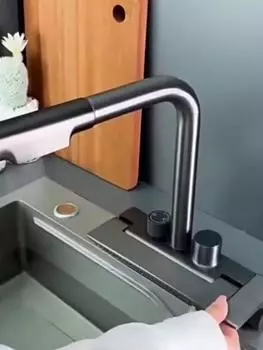 Кухонный смеситель, полностью медный, интеллектуальный, с цифровым дисплеем, водопад, водопад, выдвижной однорычажный кран для холодной и горячей воды серый