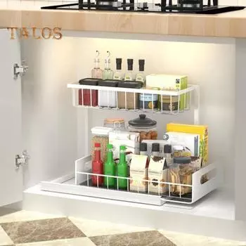 Кухонный стеллаж для хранения, многофункциональный двухуровневый высокий забор под раковину, органайзер для ванной комнаты, выдвижной шкаф, полка для хранения банок для приправ чёрный