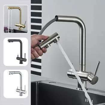 Кухонный выдвижной кран с фильтром, хромированный латунный кран-очиститель, вращение на 360 градусов, двойной распылитель, кран для питьевой воды, смеситель для раковины, сосуда