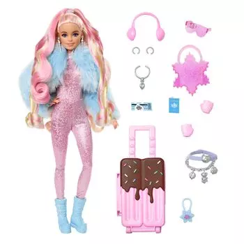 Кукла Барби для путешествий в зимнем снежном комбинезоне и пальто Barbie Extra Sparkly Pink, модная одежда, искусственный мех