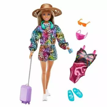 Кукла Барби Holiday Fun Doll Blonde Highlighted Travel Tote, купальник, летний отличный подарок для детей от 3 до 7 лет (12 дюймов), Волосы, шляпа и аксессуары,