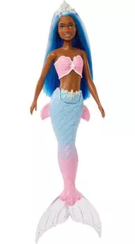 Кукла Barbie Dreamtopia Mermaid с розово-голубым хвостом русалки и игрушкой для детей от 3 лет и старше (Синие волосы) И тиара,