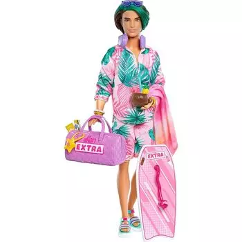 Кукла Barbie Extra Fly Ken с одеждой и аксессуарами для путешествий в пляжном стиле, тропический наряд, сумка для буги-борда