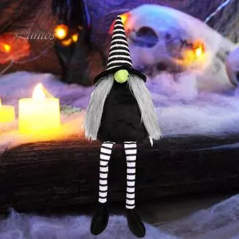 Кукла-гном на Хэллоуин, полосатая шляпа ручной работы, длинные свисающие ноги, безликий эльф, украшение, плюшевый гном, осенний фестиваль, настольное украшение для вечеринки черный белый