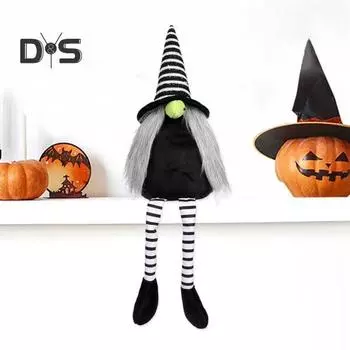 Кукла-гном на Хэллоуин, полосатая шляпа ручной работы, длинные свисающие ноги, безликий эльф, украшение, плюшевый гном, осенний фестиваль, настольное украшение для вечеринки черный белый