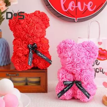 Кукла-медведь из роз, украшение в виде цветка из пенопласта, искусственные цветы, фигурка медведя, подарок на День матери, День святого Валентина для жены, подруги розовый
