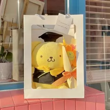 Кукла Sanrio Graduation Cap Pom Pom Purin + Мини-букет цветов + Сумка для покупок, популярный персонаж в Корее