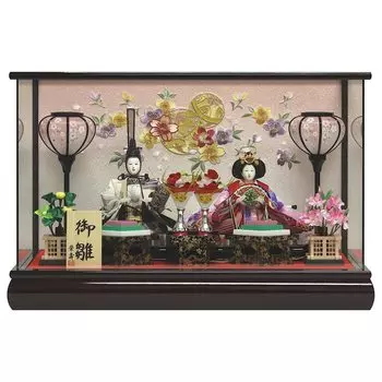 Куклы Хина Куклы Хина Принц Украшение футляра Красная ручная краска Панорамный стеклянный шкаф Вышивка в виде цветущей вишни и шаров Ширина спинки x Глубина x Высота 38 см