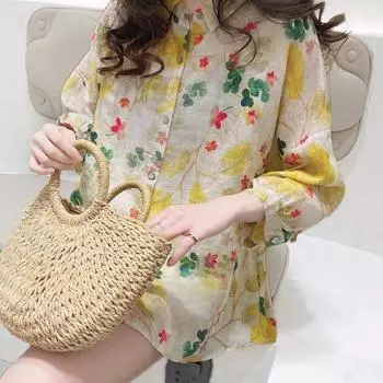 Кукольная рубашка, топ, свободная милая рубашка в западном стиле с рукавами «летучая мышь», пышная рубашка с цветочным принтом, удобная женская одежда S жёлтый