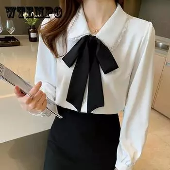 Кукольная шея, лента с бантом, однотонная шифоновая рубашка, женская рубашка с длинным рукавом, французская рубашка с пышными рукавами, весна и осень XL белый