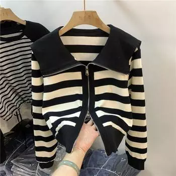 Кукольная шея в полоску с длинными рукавами, короткие топы, женская весенняя повседневная верхняя одежда, кардиган, дизайн футболки M