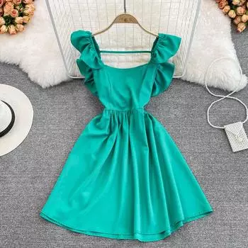 Кукольное платье с французским темпераментом на талии, новое летнее пышное платье с квадратным воротником и бабочкой, росой сзади, с надписью «A-word»