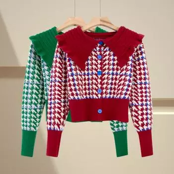 Кукольный свитер, женский зимний свободный свитер в стиле ретро «Тысяча птиц», трикотаж, короткий кардиган с длинными рукавами, женский свитер One Size зелёный