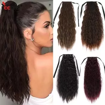 Кукурузная волна, наращивание хвоста, 24 дюйма, длинные волнистые вьющиеся волосы на заколке, пушистый хвост, синтетический шиньон для чернокожих женщин