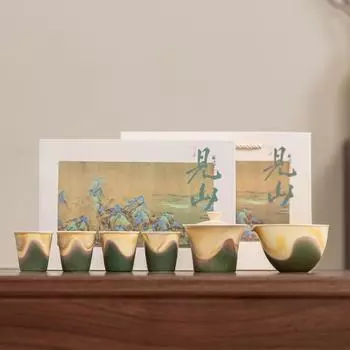 Культурный и креативный набор для кунг-фу чая «Цзиньшань» из Запретного города, маленький набор, керамическая чаша с крышкой, чайная чашка, легкая роскошь, подарки высокого класса для клиентов и старших Jianshan Tea Set (Senhai Green) серый