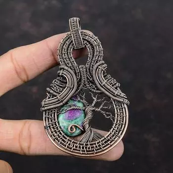 Кулон «Дерево жизни» из рубина и фуксита, медная проволочная обертка, ручная работа, медные украшения, подвеска из настоящего драгоценного камня для подарка, проволочный дизайн, ювелирные изделия