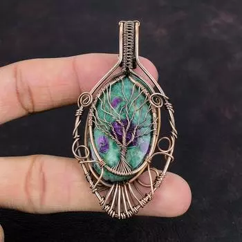 Кулон «Дерево жизни» с рубиновым фукситом, медная проволочная обертка, ручная работа, медные украшения, подвеска с драгоценным камнем, ювелирное изделие «Дерево жизни», подарок для матери