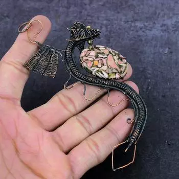 Кулон Дракон из медной проволоки ручной работы с натуральным медным родохрозитом 4,53 дюйма A7a48