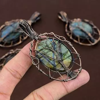 Кулон Древо жизни из медной проволоки, натуральный лабрадорит, 3,54 дюйма, o5M35