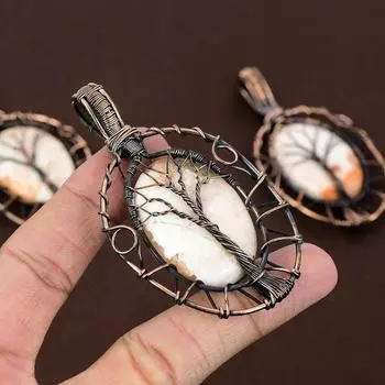 Кулон Древо жизни из медной проволоки с натуральным оранжевым камнем сколецитом 3,27 дюйма I6t07