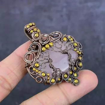 Кулон Древо жизни ручной работы из меди с натуральным розовым кварцем, 2,28 дюйма, D2g70