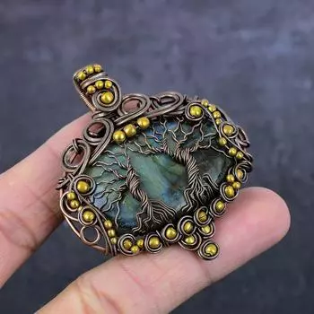 Кулон «Древо жизни» ручной работы из медной проволоки с натуральным лабрадоритом 2,44 дюйма S2N54