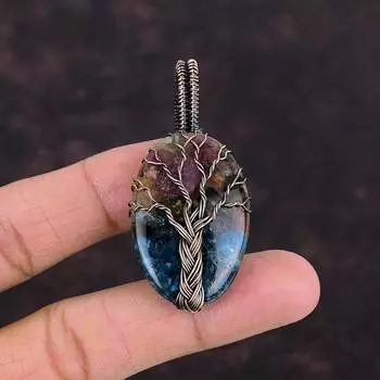 Кулон «Древо жизни» с арбузом и турмалином, кулон в проволочной обмотке, драгоценный камень, медный кулон, ювелирный подарок в проволочной обертке, подвески ручной работы для него