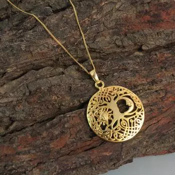 Кулон «Древо жизни» с покрытием из желтого золота «Солнце и Луна» с цепочкой из стерлингового серебра 925 пробы Ювелирные изделия жёлтый/золотой