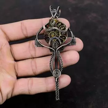 Кулон из аммонита ископаемого, медная проволока, кулон, кулон из драгоценного камня, изысканные медные украшения, кулон ручной работы для подарка, аммонитовый ископаемый кулон